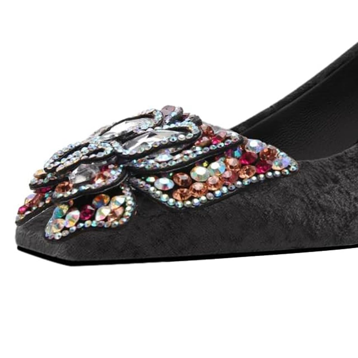 FSJ Women Block Low Heel Pump Crystal Heel Square Toe Rhinestone Butterfly Velvet Dress Pump Slip On Work Casual Daily Life Party Shoes Size 4-15 US - Image 4