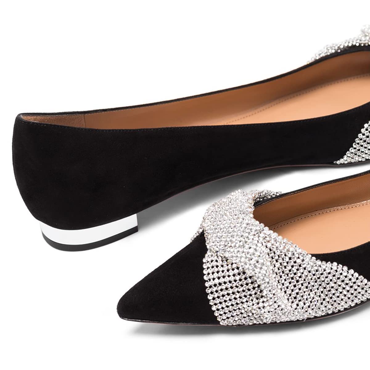 FSJ Women Classic Pointed Toe Rhinestone Sequins Bow Casual Slip on Faux Suede Comfort Low Thick Heel Walking Ballet Flat Shoes Size 4-15 US - Image 3