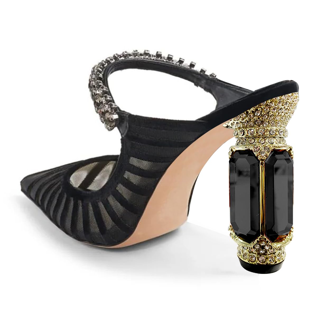 FSJ Women Crystal Chunky Heeled Mules Wedding Sandals Rhinestone Strappy Pumps Pointed Toe Fashion Slippers Slip On Bridal Shoes Size 4-15 US - Image 3