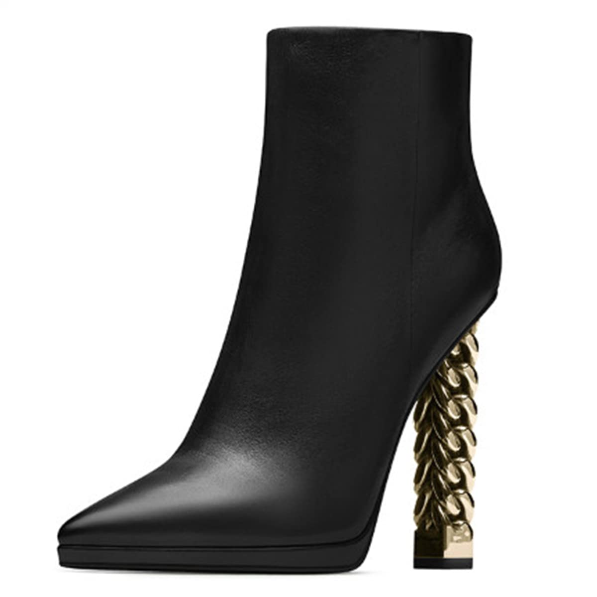 FSJ Women Fashion Gold Metal Chain Chunky High Heel Ankle Boots Pointed Toe Winter Booties Side Zipper Comfy Dress Short Boots 4-15 M US - Image 3