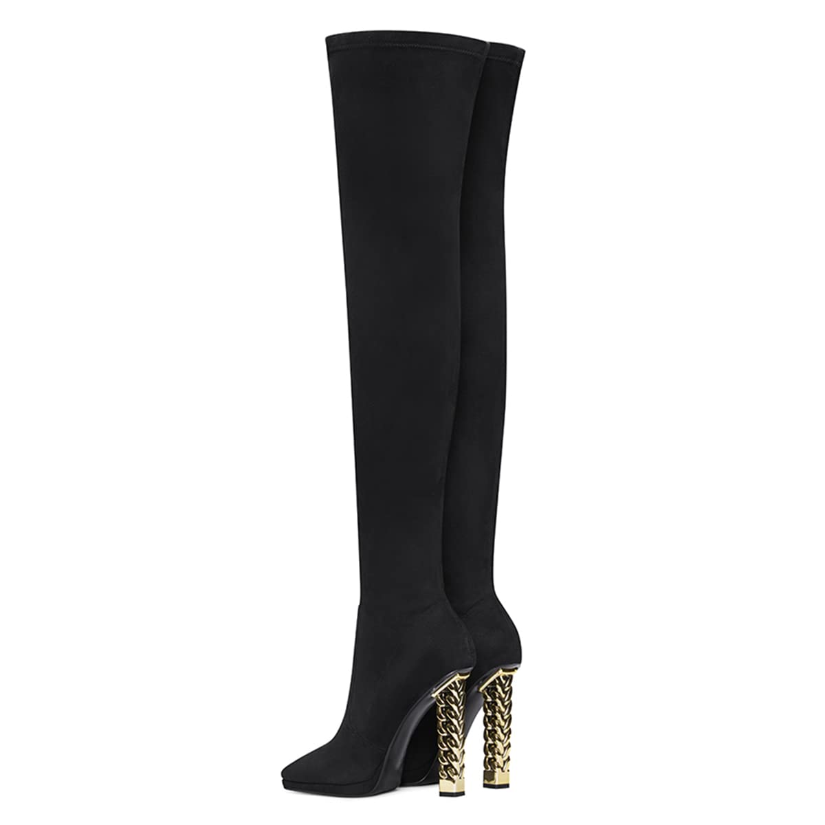 FSJ Women Fashion Over The Knee Long Boots Comfortable Flower Gold Metal Chain Chunky High Heels Sexy Pointed Toe Platform Stretch Thigh High Pull On Warm Shoes Size 4-15 US - Image 3