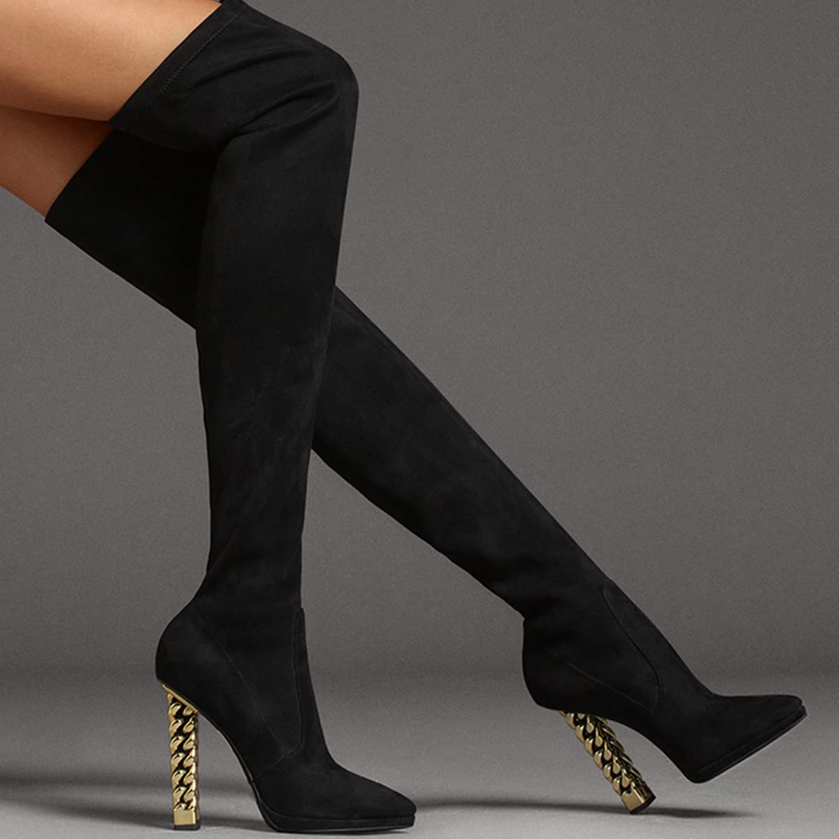 FSJ Women Fashion Over The Knee Long Boots Comfortable Flower Gold Metal Chain Chunky High Heels Sexy Pointed Toe Platform Stretch Thigh High Pull On Warm Shoes Size 4-15 US - Image 5