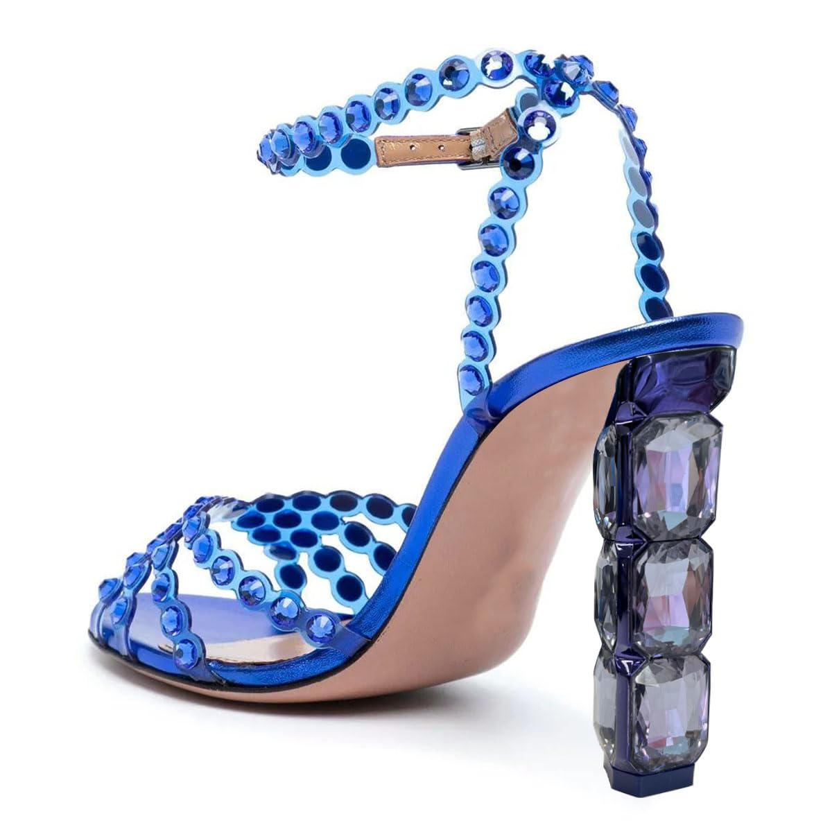 FSJ Women Jeweled High Heel Sandals Rhinestones Diamonds Chunky Block Heel Ankle Strap Buckle Open Toe Fashion Party Evening Wedding Dress Shoes Size 4-15 US - Image 3