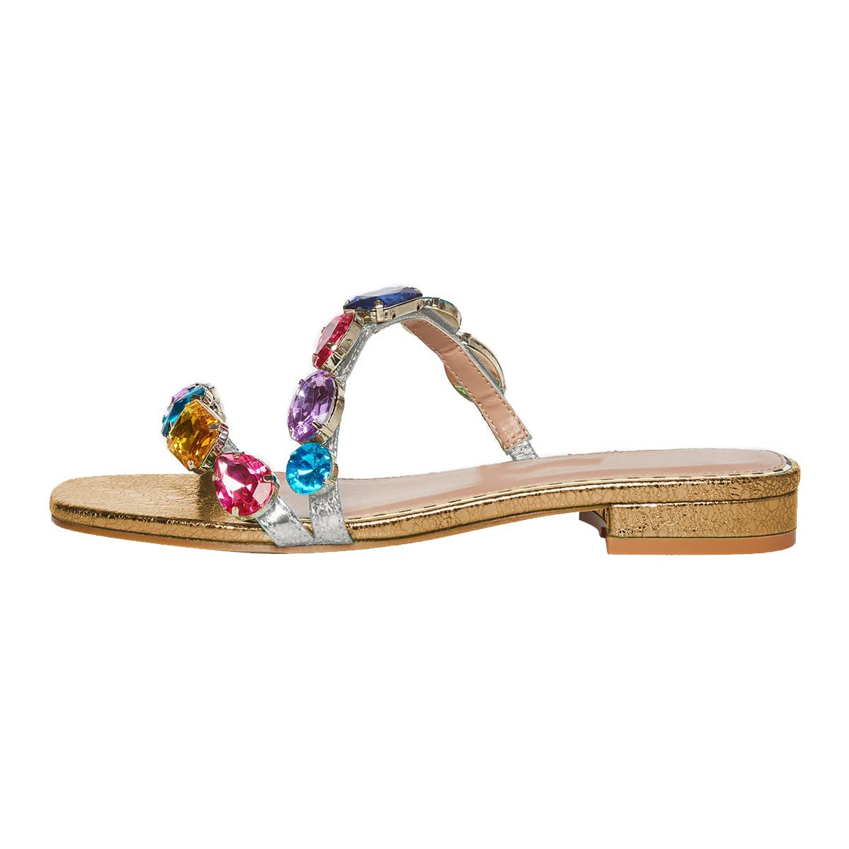 FSJ Women's Flat Jeweled Sandals Crystal with Rhinestone Slide Open Toe Casual Slip On Summer Beach Party Bridal Wedding Shoes Size 4-15 US - Image 3